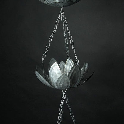 Zeckos Galvanized Grey Metal Lotus Flower Rain Chain Gutter Downspout Accent, 70 Inches Long - Installs Easily - Adding Charm and Style to Your Outdoor Space