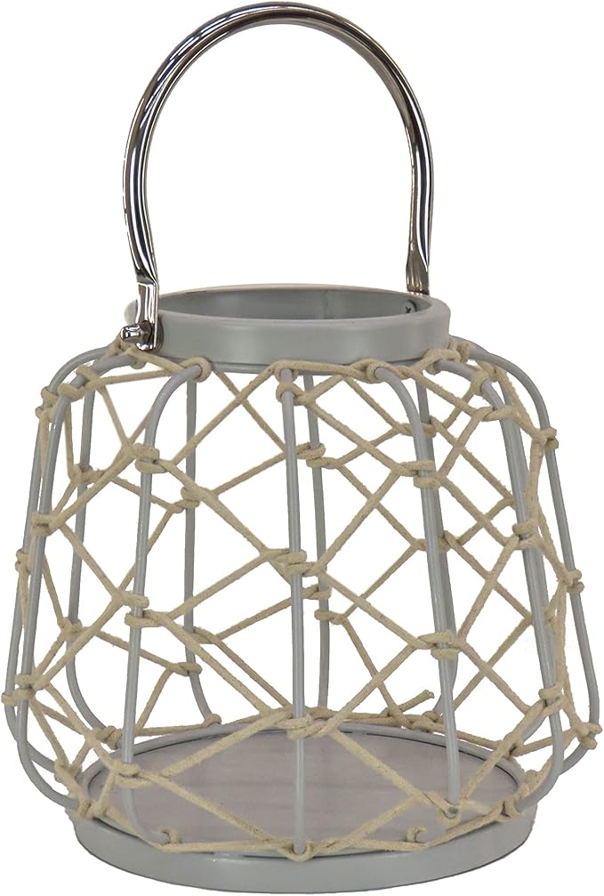 Lantern Candleholder, Woven Rope Construction, Glacier Gray, Modern Design and Finish, Includes Metal Handle, 10 Inches