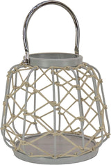 Lantern Candleholder, Woven Rope Construction, Glacier Gray, Modern Design and Finish, Includes Metal Handle, 10 Inches