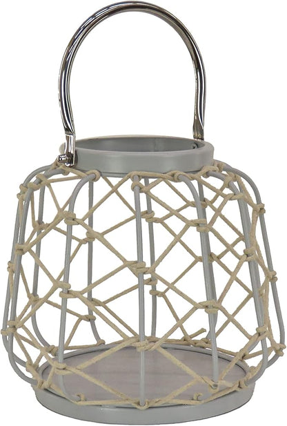Lantern Candleholder, Woven Rope Construction, Glacier Gray, Modern Design and Finish, Includes Metal Handle, 10 Inches