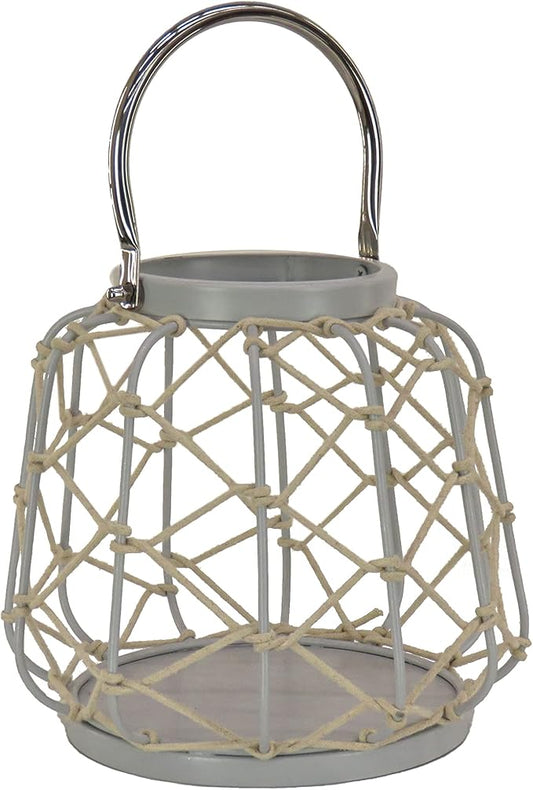 Lantern Candleholder, Woven Rope Construction, Glacier Gray, Modern Design and Finish, Includes Metal Handle, 10 Inches