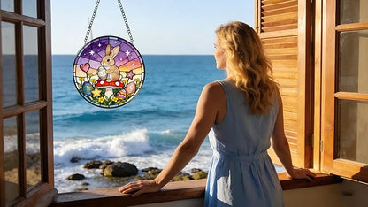 Funoasis Bunny Stained Glass Suncatcher - 6.3 Inches Easter Egg Rabbit and Mushroom Hanging Window Ornaments for Home Spring Decoration