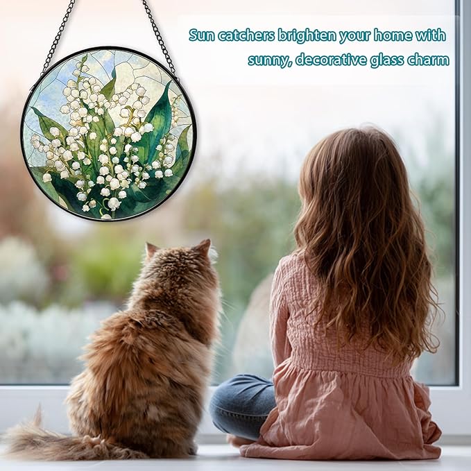 Lily of The Valley Flower Stained Glass Window Hanging, Suncatcher Diamond Glass Panel Hangings, Sun Catchers Indoor Windows Wall Art, Gift for Mom Grandma, Christmas Decor for Home Office 7.87 inches