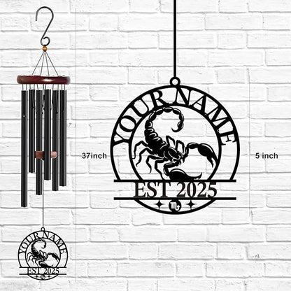 Personalized Customize Name 12 Zodiac Signs Wind Chime, Metal Iron 37 Inch Outdoor Memorial Gift for Garden Yard Patio Home Decor, Black (Scorpio)