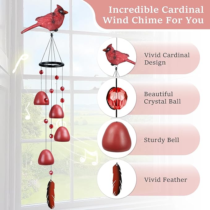 Cardinal Wind Chimes for Outside，Red Bird Wind Chimes Outdoor Decorations, for Mom/Grandma，Garden Patio Backyard Hanging Decor.