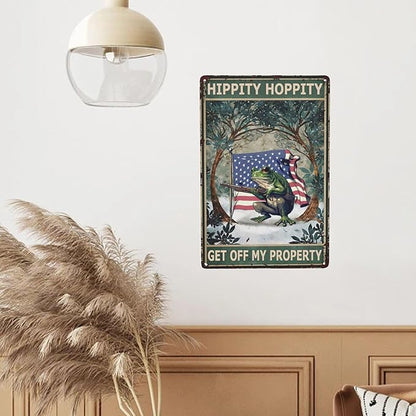 Vintage Metal Frog Door Sign - American Flag Design - Funny & Retro Room Decor - 8x12 Inch Tin Plate - for Garden, Home & Bedroom - 'Hippity Hoppity, Get Off My Property' No Trespassing Banner