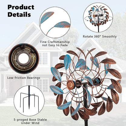360° Wind Spinners Outdoor,13” Kinetic Wind Spinner,Yard Art Windmill with Metal Stake,Vintage Metal Wind Sculptures & Spinners,Waterproof Pinwheels Large Wind Spinner for Yard and Garden