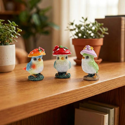 Set of 3 Mushroom Bird Figurines, Cute Resin Small Garden Statues, Outdoor Fairy Garden Accessories Patio Yard Lawn Decor, Indoor Flower Plant Pots Table Shelf Decorations for Home