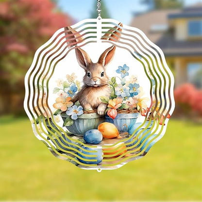 Easter Bunny Wind Spinner Easter Day Gifts 3D Metal Kinetic Hanging Wind Sculpture Spinners for Yard and Garden Indoor Outdoor Window Easter Rabbit Yard Art Garden Decoration 8 Inch (Bunny 3)