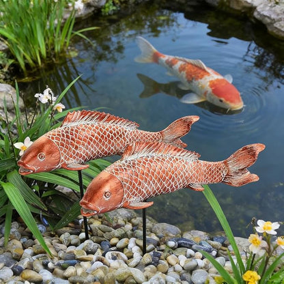 Koi Fish Garden Statues Set of 2, Antique Copper Style Resin Sculptures, Outdoor Garden Statues for Patio Backyard Koi Pond Japanese Garden Decor, Best Gardening Gifts for Women Mom (Copper Red)