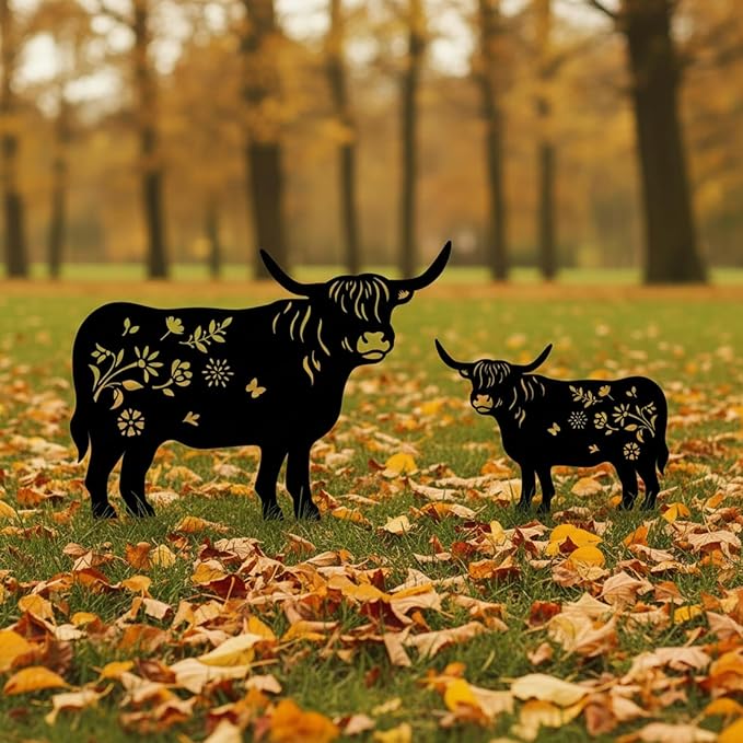 FoldTier 2 Pack Highland Cow Metal Garden Decor Highland Cow Garden Stakes Silhouette Statues Backyard Art Decorations for Christmas Decor, Outdoor Yard, Lawn, Home, Patio