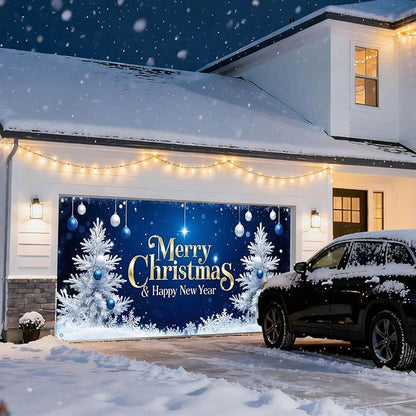 IVN Christmas Garage Door Cover Decoration 13x6ft Blue Night Sky White Trees Gold Lettering Ornaments Merry Christmas Winter Garage Door Banner Home Door Front Yard Decor for Xmas Eve Holiday Outdoor