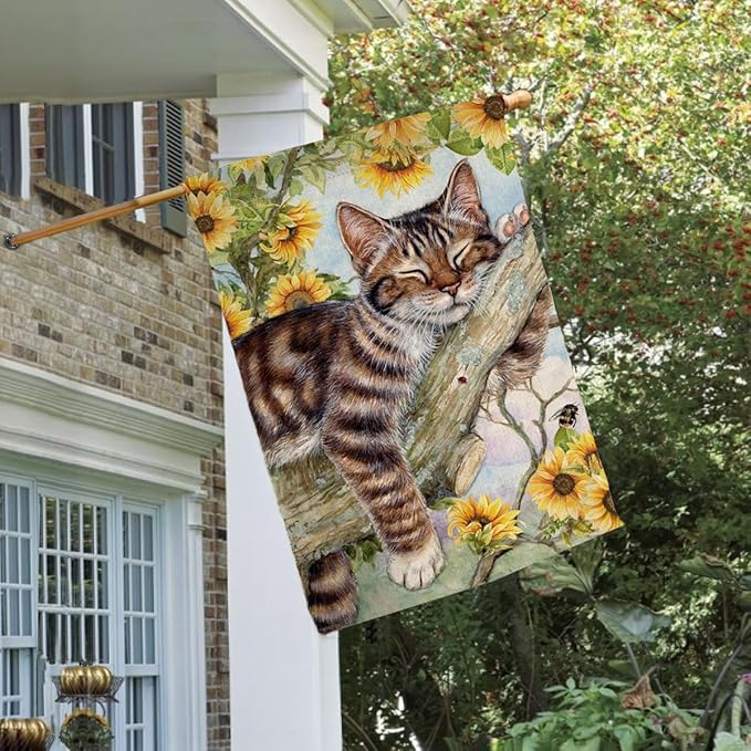 BLKWHT Summer Cat House Flag 28 x 40 Vertical Double Sided Yellow Sunflower Spring Farmhouse Holiday Outside Decorations Burlap Yard Flag BW640-40
