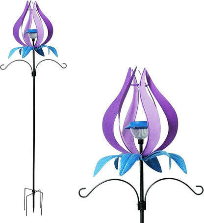 Multi-Functional Yard Wind Spinners with Solar Lights Outdoor Garden,YNGFIL Large Ornaments Outdoor with Double Shepherds Hooks and Coconut Fiber Liner Hanging Planters (83 in)