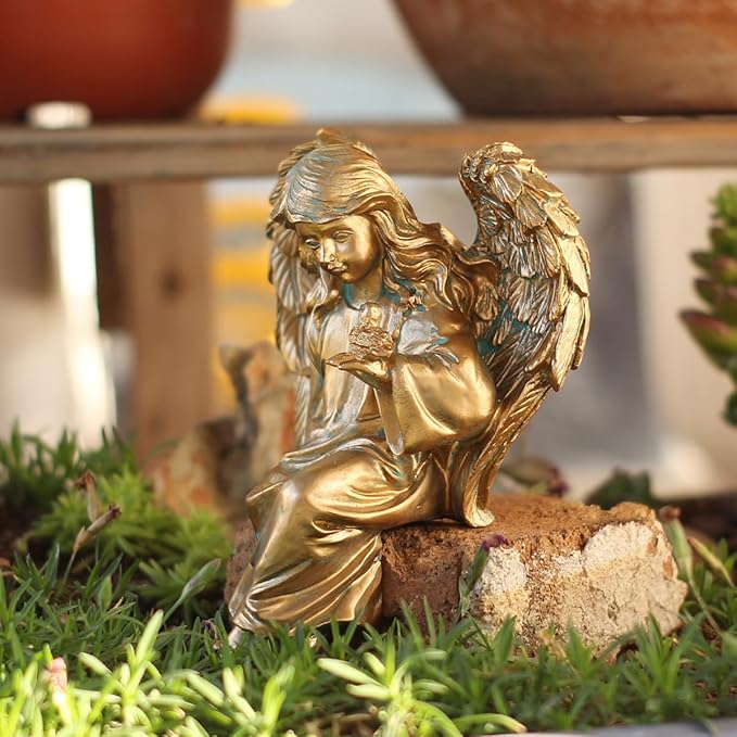 Angel Garden Statue, Sitting Angel Sculpture, Resin Angel with Bird Figurine for Patio Yard Porch Lawn Outdoor Decor Home Shelf Sitter Memorial Spiritual Gifts (Bronze)