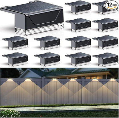 Solar Fence Lights Outdoor - 3000/4000/6000K 3 Mode, IP65 Waterproof Fence Lights Solar Powered, Dusk to Dawn Solar Light for Outside, Backyard/Step/Patio/Deck/Stair Railings and Wall (12 pack)