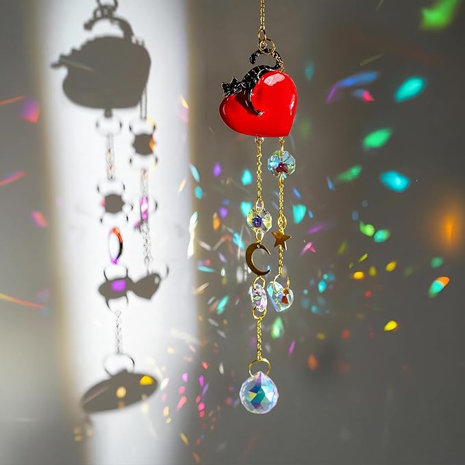 H&D HYALINE & DORA Crystal Red Heart with Cat Suncatcher Window Hanging Ornament Rainbow Maker Sun Catchers Gift for Women, Pet Lovers