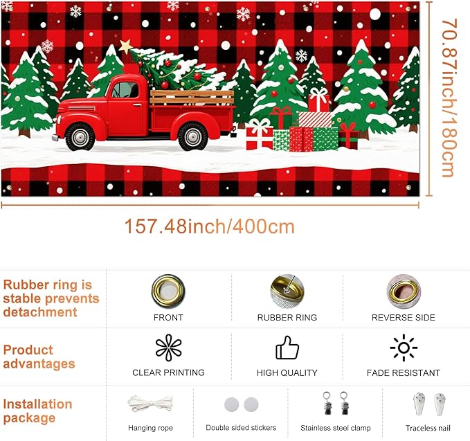 IVN Merry Christmas Garage Door 13x6ft Festive Backdrop Red Truck with Christmas Trees and Gifts Photo Prop Background for Holiday Yard Door Cover Outdoor Winter Scene
