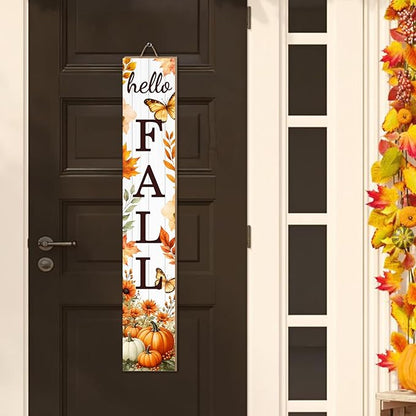 Hello Fall Porch Sign Autumn Pumpkin Maple Leaf Welcome Sign Vertical Standing Sign For Front Porch Decor Farmhouse Hanging Wall Sign for Patio Yard Party Indoor Outdoor Thanksgiving Decoration 47.2"H