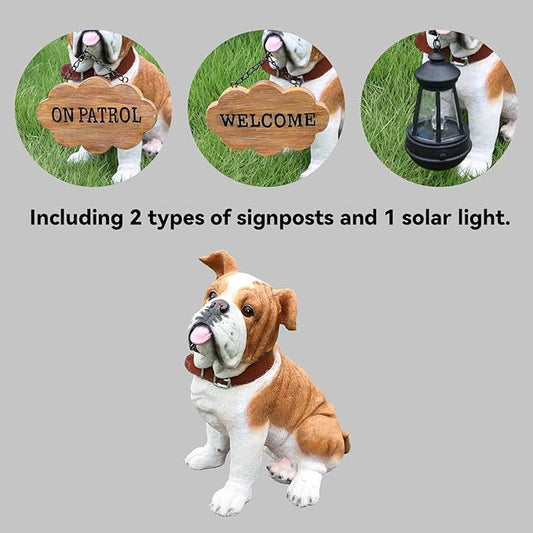 English Bulldog Garden Statue with Solar Lantern, Realistic Dog Sculpture, Birthday Gift for Women Mom Grandma, Housewarming Gift for New Home, Outdoor Resin Puppy Decor,Fawn