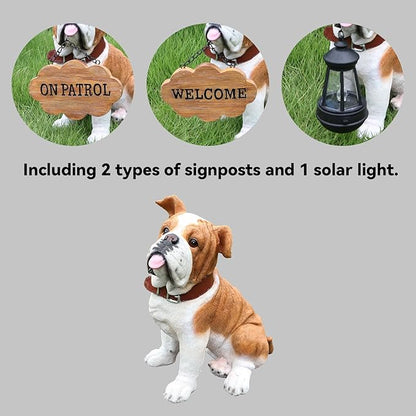 Outdoor English Bulldog Dog Statue with Interchangeable Welcome Sign and Detachable Solar Lantern –LED Light Garden Dog Sculpture Décor Garden Statue Outdoor Dog Statue Garden Outdoor Decor