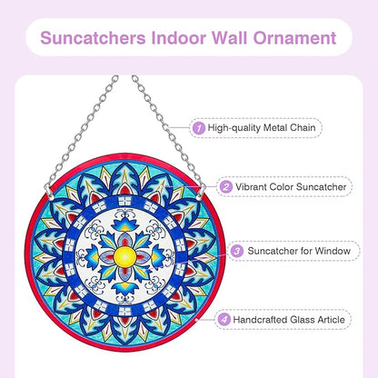Mandala Suncatcher Stained Glass - Handmade Gifts for Women, Suncatchers for Windows - Window Hangings with Chain and Hook, 6 inch Stained Glass Suncatcher for Mom