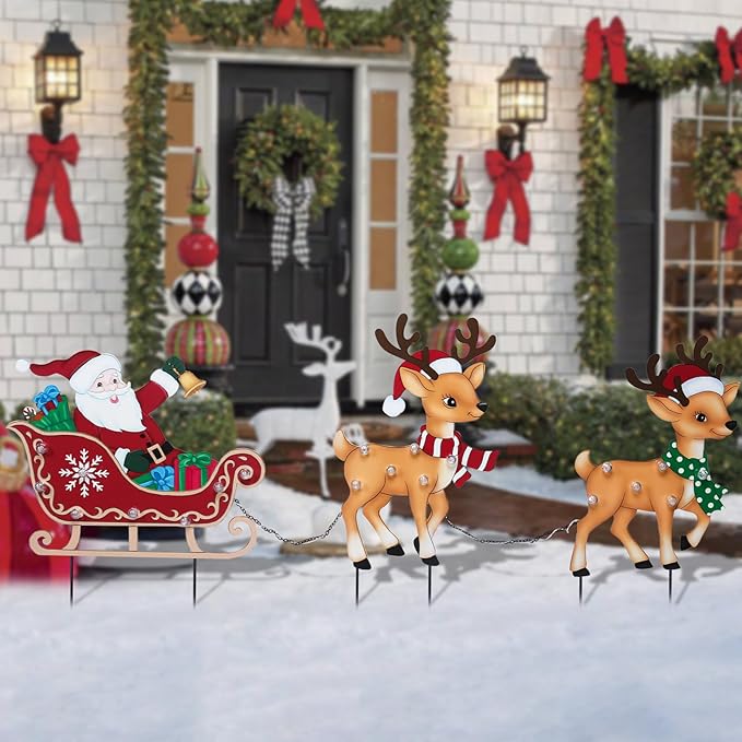 Afirst Christmas Yard Stakes Lighted Up Metal Christmas Outdoor Decorations with Lights Santa Claus On Sleigh Reindeers Lighted Metal Yard Stakes Xmas Garden Stake Lawn Pathway Outdoor Decoration