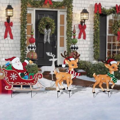 Afirst Christmas Yard Stakes Lighted Up Metal Christmas Outdoor Decorations with Lights Santa Claus On Sleigh Reindeers Lighted Metal Yard Stakes Xmas Garden Stake Lawn Pathway Outdoor Decoration