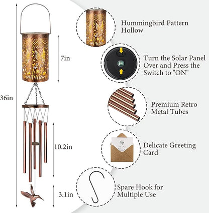 YHmall Solar Wind Chimes for Outside, Solar Lantern Windchimes Outdoors Hummingbird Gifts for Women Mom, Memorial Wind Chimes Gifts for Garden Decor