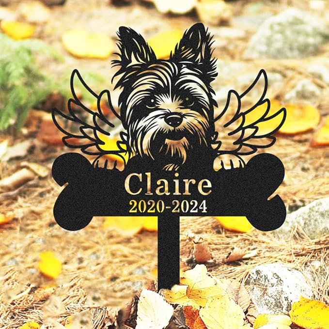 Custom Yorkshire Terrier Memorial Grave Marker Personalized Metal Dog Silhouette Statue Memorial Plaque Decorative Garden Stake for Outside Patio Yard Art Outdoor Decor Sign Lawn Ornament