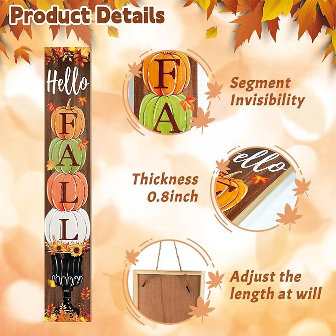Fall Porch Sign, Hello Pumkpkin Sign for Front Porch, 3 Pumpkins Wooden Sign Yard, Vertical Wood Sign Standing for Patio Front Door Porch, Autumn Home Party Entryway Yard Wall Decor Indoor Outdoor, 47x8 inch
