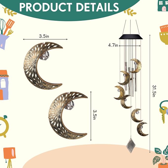 Colingmill Solar Wind Chimes for Outside Waterproof Hanging Wind Chimes Lights Outdoor Decor Yard Garden Gifts for Mother Mom Grandma Wife Neighbors(Moon,Warm Colored Lights)