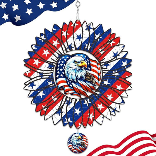 Sunflower American Flag Eagle Patriotic Wind Spinners Outdoor for Yard and Garden,12 Inch 3D Stainless Steel Metal Hanging Kinetic Wind Sculpture, Independence Day Decor Indoor Ar