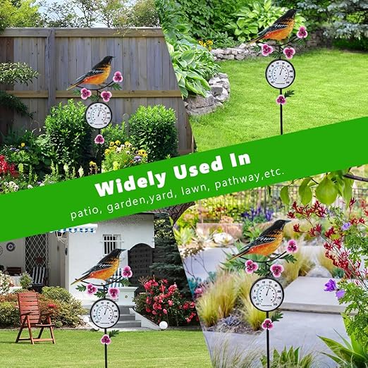 Outdoor Thermometer, 35" Tall No Battery Needed Outside Thermometer with Garden Stake, Hummingbird Wall Thermometer for Yard Patio Decor