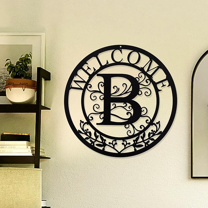 Metal Monogrammed Initial Welcome Sign, Metal Letter Wall Art Decor, Name Sign for Home Porch Front Door Outdoor (B)