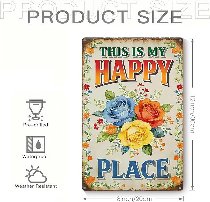 Garden Signs for Outside This Is My Happy Place Sign, Funny Metal Signs for Home Garden Patio Yard, Retro Gardening Gifts for Women, Wall Decor 12" x 8"