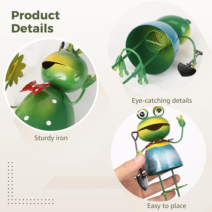 2 Frog Statues for Garden, Metal Figurines, 3.9 X 7.5 in, Holding Flower/Shovel, Sturdy Iron, Gift for Gardener, Outdoor Decor