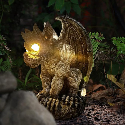 Large Winged Gargoyle Statue with Solar Lights Outdoor Decor, Sitting Gargoyle Monster Dragon Garden Guardian Gothic Creep Scary Sculpture, Patio Yard Lawn Decorations, Valentine's Day Gift