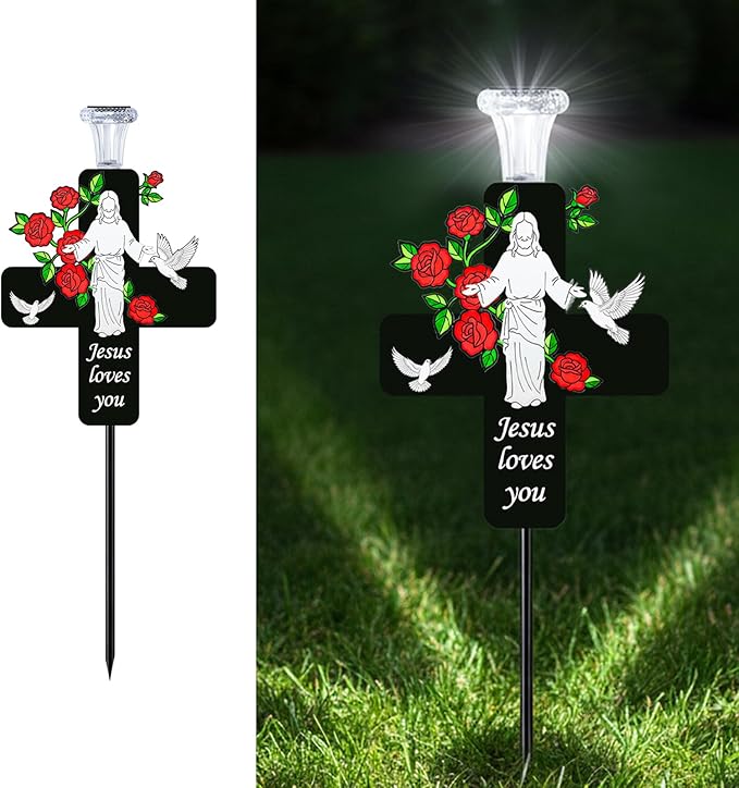 Solar Jesus Cross Memorial Stake with Rose - Religious Metal Cemetery Decorations, LED Christian Grave Marker, Sacred Sympathy Gift for Loss of Loved One (J Cross)