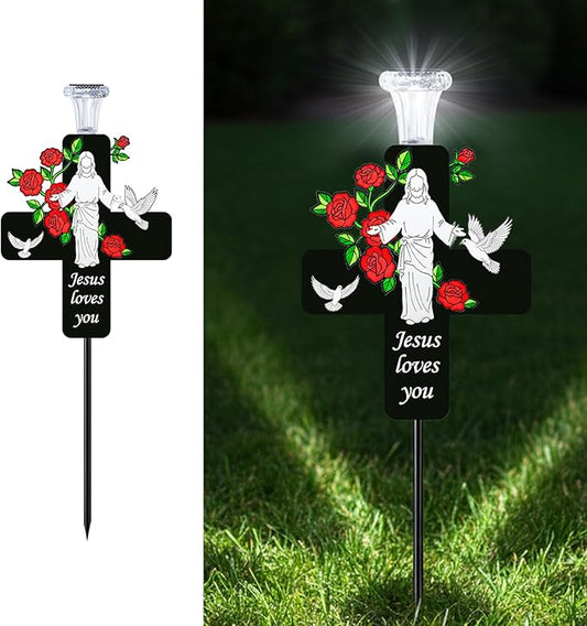 Solar Jesus Cross Memorial Stake with Rose - Religious Metal Cemetery Decorations, LED Christian Grave Marker, Sacred Sympathy Gift for Loss of Loved One (J Cross)