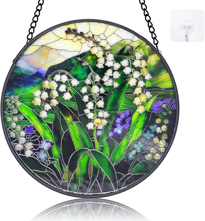 Stained Glass Window Hanging - 6.3 Inch Lily of The Valley Stained Glass, Lily of The Valley Decor for Window Home Door Wall Garden Outdoor and Christmas Mother's Day Birthday, Gifts for Women Men Mom