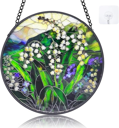 Stained Glass Window Hanging - 6.3 Inch Lily of The Valley Stained Glass, Lily of The Valley Decor for Window Home Door Wall Garden Outdoor and Christmas Mother's Day Birthday, Gifts for Women Men Mom