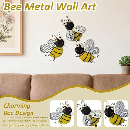 3 Pcs Metal Bee Wall Decor, Cute Insect-Themed Wall Art, Rustic Home & Garden Decor for Living Rooms, Offices, Outdoor Spaces (Bee)