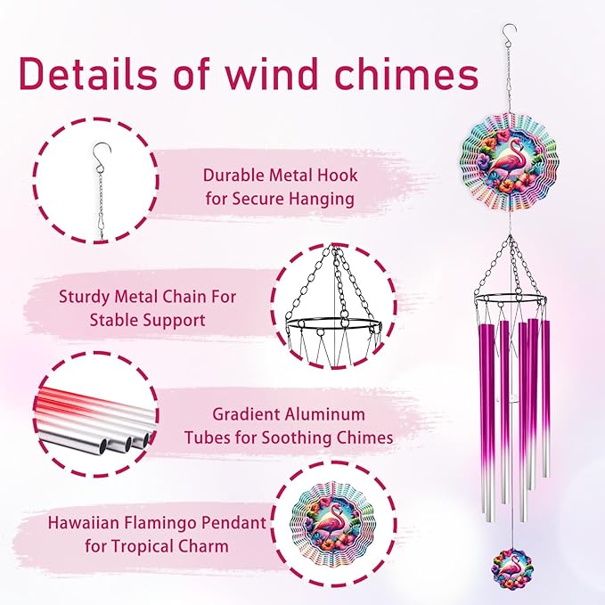 Flamingo Wind Spinner Chime - 6 Inch Hawaiian Style 3D Outdoor Hanging Decor, Tropical Floral Metal Garden Spinner Chime Gift for Women, Kinetic Wind Art Ornament for Yard Patio Balcony