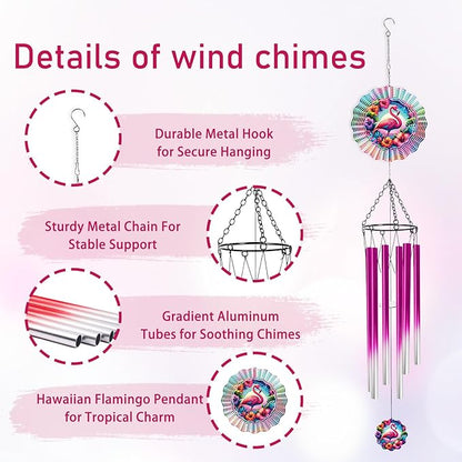 Flamingo Wind Spinner Chime - 6 Inch Hawaiian Style 3D Outdoor Hanging Decor, Tropical Floral Metal Garden Spinner Chime Gift for Women, Kinetic Wind Art Ornament for Yard Patio Balcony