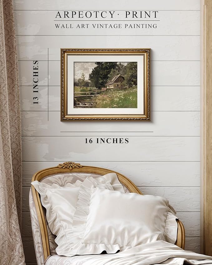 ARPEOTCY Vintage Gold Framed Wall Art, 13x16 inch Cottage at a Creek Landscape Paintings, Vintage Room Decor, Canvas Prints Antique Pictures Frame Home Wall Decor for Living Room Bedroom