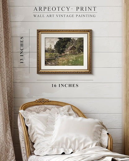 ARPEOTCY Vintage Gold Framed Wall Art, 13x16 inch Cottage at a Creek Landscape Paintings, Vintage Room Decor, Canvas Prints Antique Pictures Frame Home Wall Decor for Living Room Bedroom