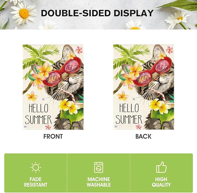 AVOIN colorlife Hello Summer Floral Cat Garden Flag 12x18 Inch Double Sided Outside, Party Holiday Burlap Yard Outdoor Decoration