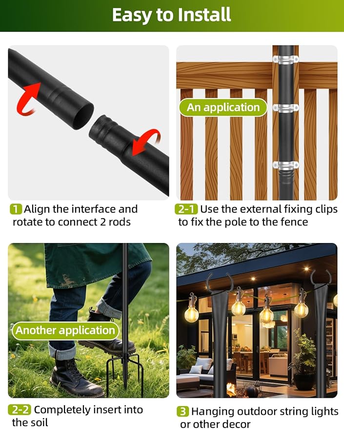 6 Pack String Light Poles for Outside, 10ft Metal Outdoor String Light Poles for Deck - Ideal for Patio, Garden, Yard, Front Porch Decorations, Black