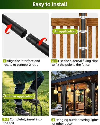 6 Pack String Light Poles for Outside, 10ft Metal Outdoor String Light Poles for Deck - Ideal for Patio, Garden, Yard, Front Porch Decorations, Black